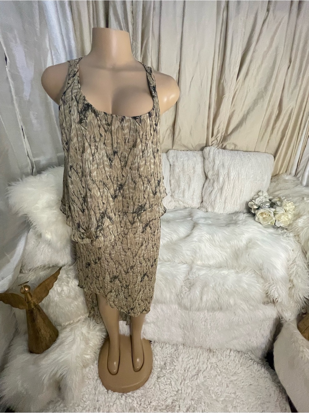 Elegant Beige Abstract Patterned Sleeveless Women’s Cute Maxi Dress size medium